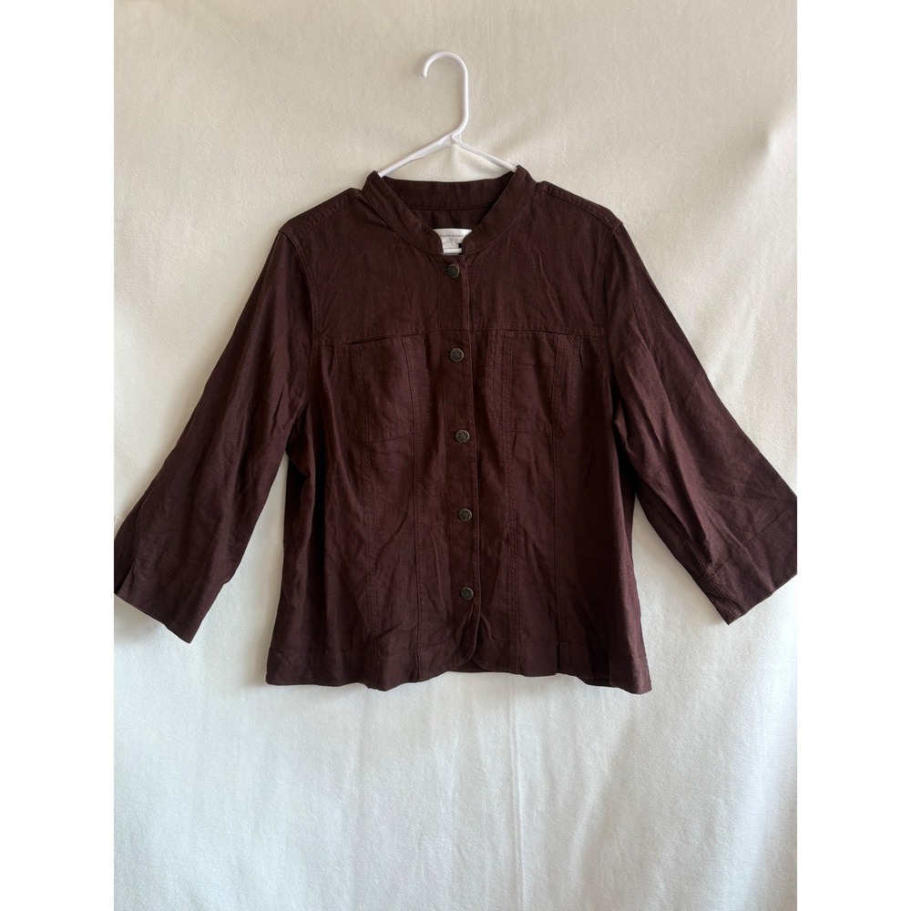 Christopher & Banks Brown Linen Blend Mandarin Collar 3/4 Sleeve Shirt Large